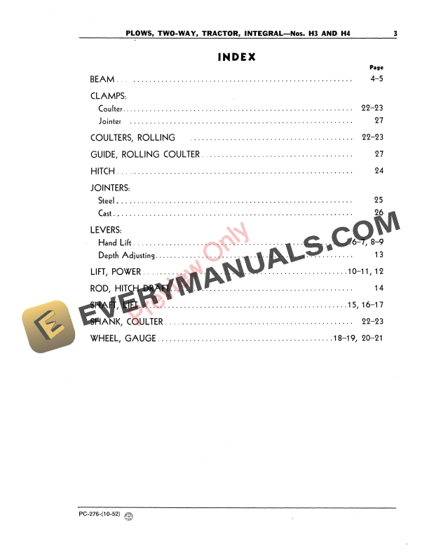 John Deere Two-Way Integral Tractor Plows – Nos. H3, H4 Parts Catalog PC276 01OCT52-5