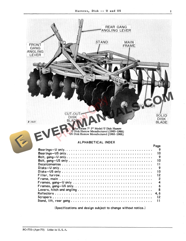 John Deere U and US Disk Harrows Parts Catalog PC751 01APR70-3