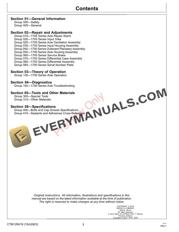 John Deere V 1700 Series Outboard Planetary Axles TeamMate Component Technical Manual CTM129419 19JUN23 3