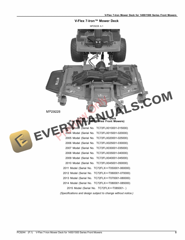 John Deere V-FLEX 7-IRON MOWER DECK FOR 14001500 SERIES FRONT MOWERS Parts Catalog PC9244 13JUN23-5