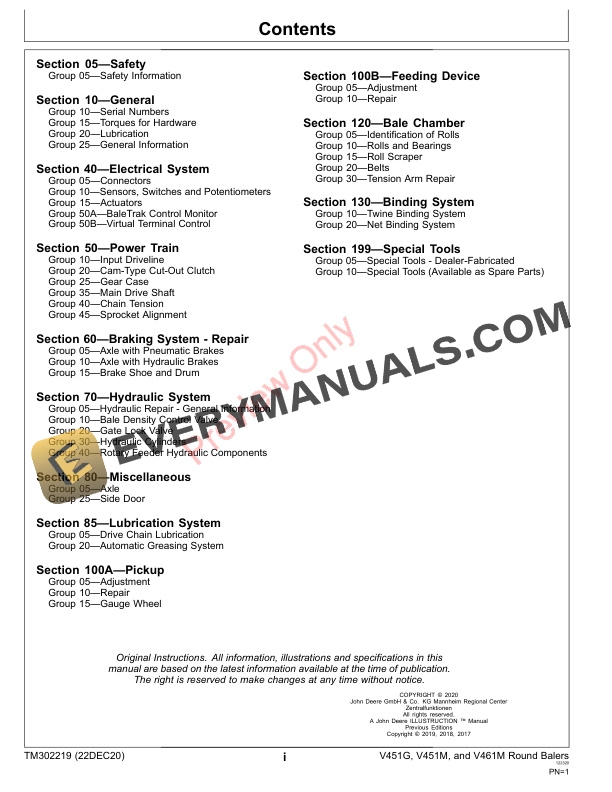 John Deere V451G V451M and V461M Round Baler Repair Technical Manual TM302219 22DEC20 3