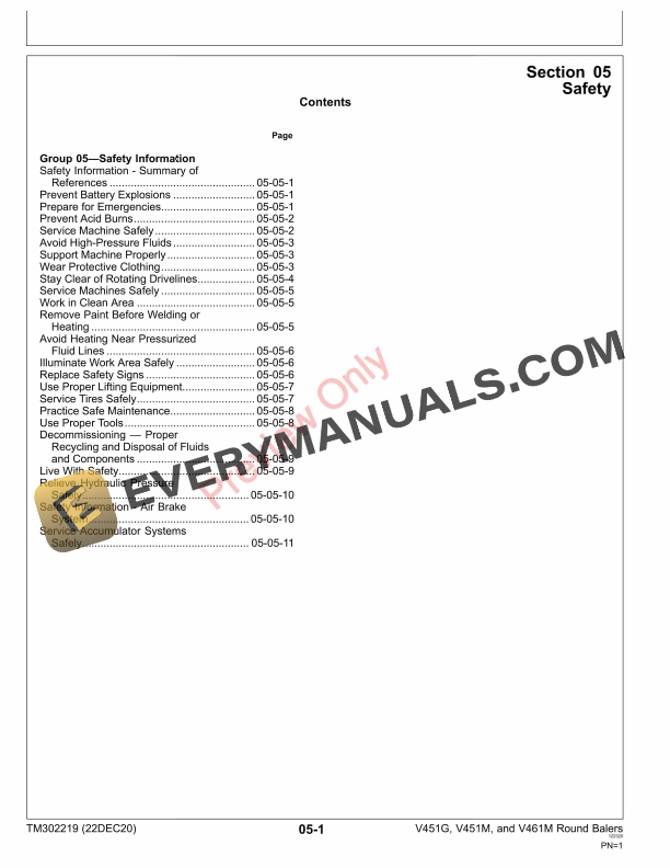 John Deere V451G V451M and V461M Round Baler Repair Technical Manual TM302219 22DEC20 5