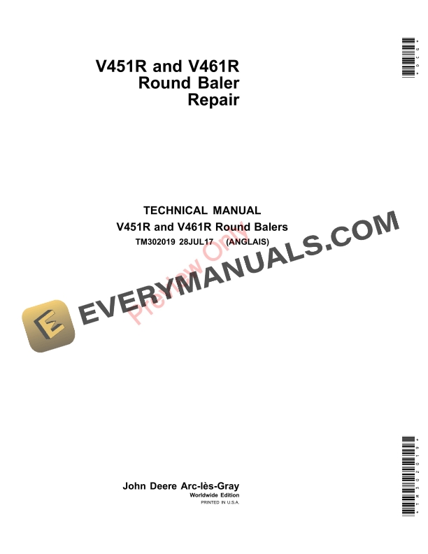 John Deere V451R and V461R Round Balers Technical Manual TM302019 28JUL17-1