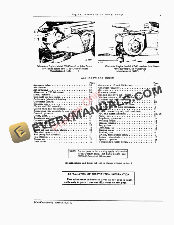 John Deere VG4D Model Wisconsin Engine Parts Catalog PC990 01OCT68-5
