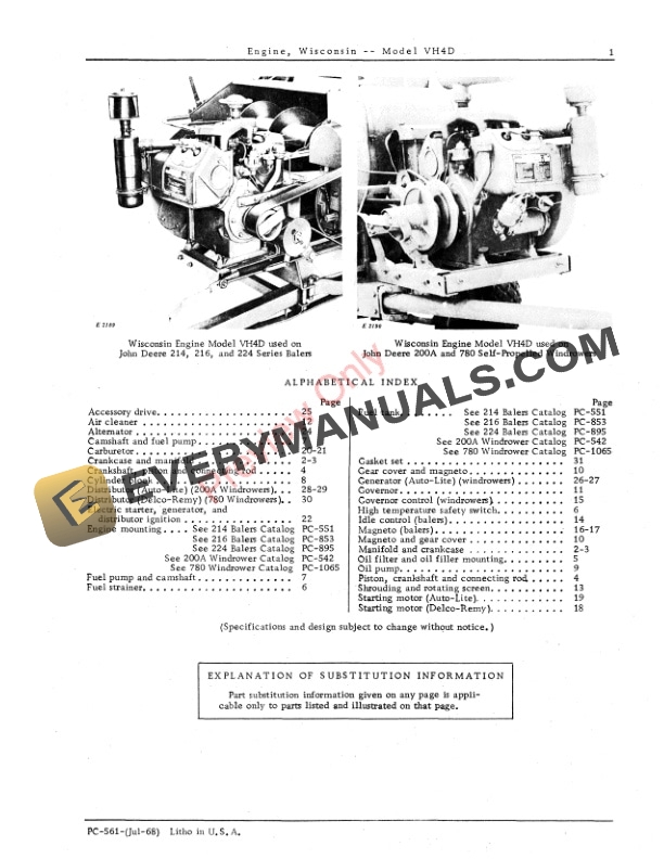John Deere VH4D Wisconsin Engine Parts Catalog PC561 01JUL68-3