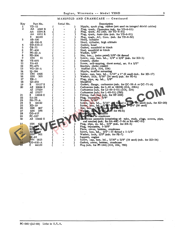John Deere VH4D Wisconsin Engine Parts Catalog PC561 01JUL68-5
