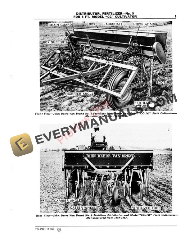 John Deere Van Brunt No. 9 Fertilizer Distributor Parts Catalog PC290 01NOV52-3