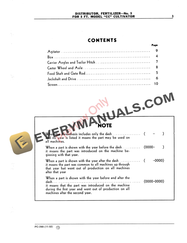 John Deere Van Brunt No. 9 Fertilizer Distributor Parts Catalog PC290 01NOV52-5