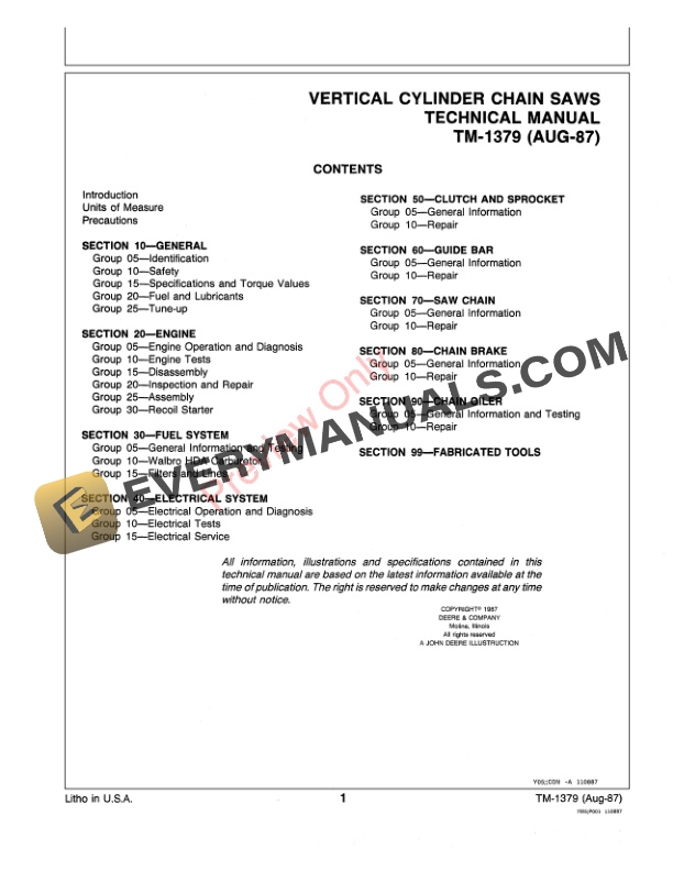 John Deere Vertical Cylinder Chain Saws (450V and 800V Models) Technical Manual TM1379 01AUG87 4 John Deere Vertical Cylinder Chain Saws 450V and 800V Models Technical Manual TM1379 01AUG87 3