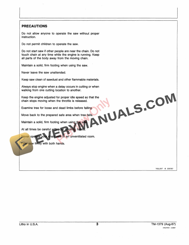 John Deere Vertical Cylinder Chain Saws (450V and 800V Models) Technical Manual TM1379 01AUG87 6 John Deere Vertical Cylinder Chain Saws 450V and 800V Models Technical Manual TM1379 01AUG87 5