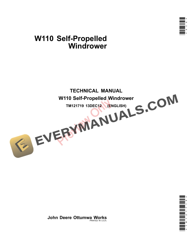 John Deere W110 Self-Propelled Windrower Technical Manual TM121719 13DEC12-1