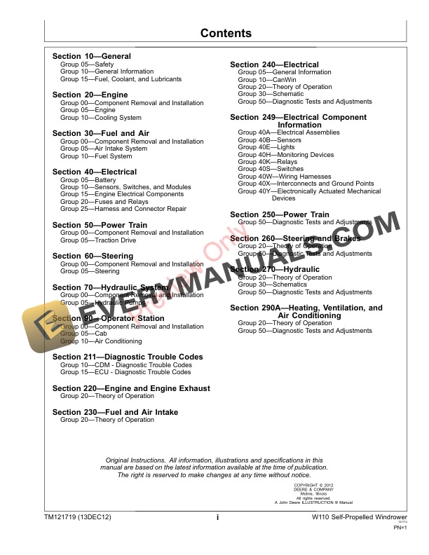 John Deere W110 Self Propelled Windrower Technical Manual TM121719 13DEC12 3