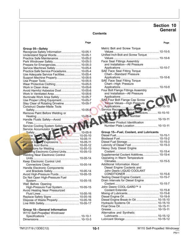 John Deere W110 Self Propelled Windrower Technical Manual TM121719 13DEC12 5