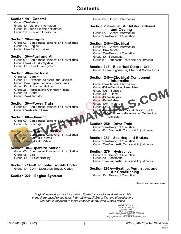 John Deere W155 Self Propelled Windrower Technical Manual TM137819 06DEC22 3