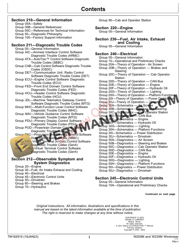 John Deere W200M and W235M Windrower Diagnostic Technical Manual TM162919 19JAN23 3