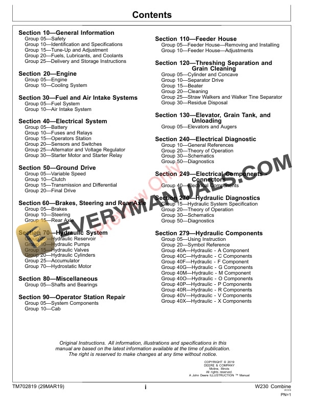 John Deere W230 Combine Technical Manual TM702819 29MAR19 3