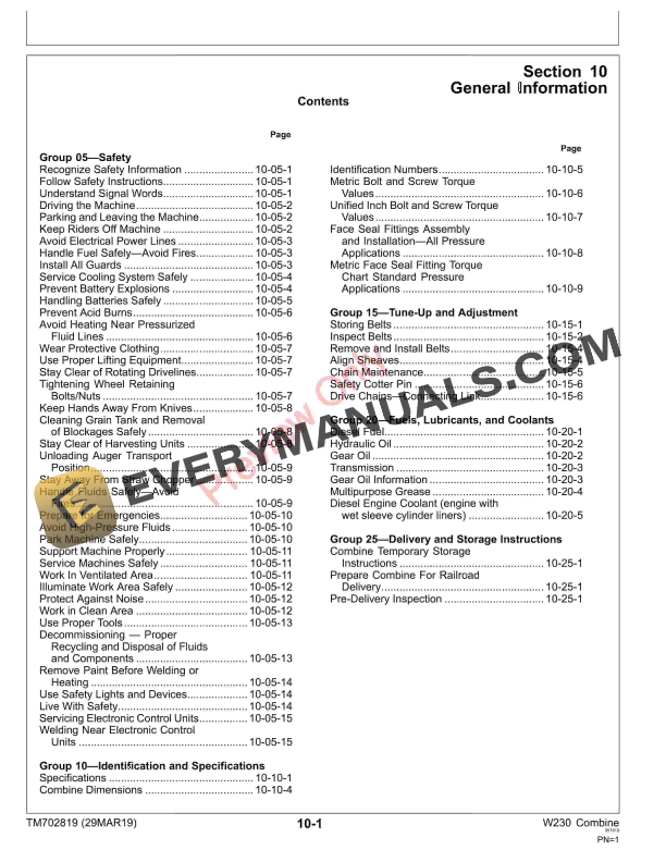 John Deere W230 Combine Technical Manual TM702819 29MAR19 5