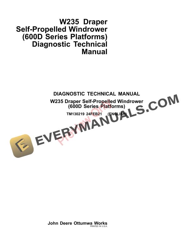 John Deere W235 Draper Self-Propelled Windrower (600D Series Platforms) Diagnostic Technical Manual TM130219 24FEB21-1