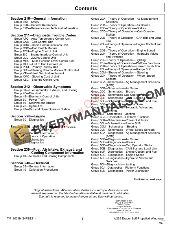 John Deere W235 Draper Self Propelled Windrower 600D Series Platforms Diagnostic Technical Manual TM130219 24FEB21 3
