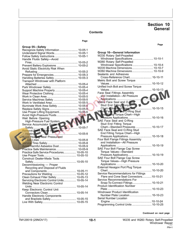 John Deere W235 and W260 Rotary Self Propelled Windrowers Repair Technical Manual TM129519 29NOV17 5