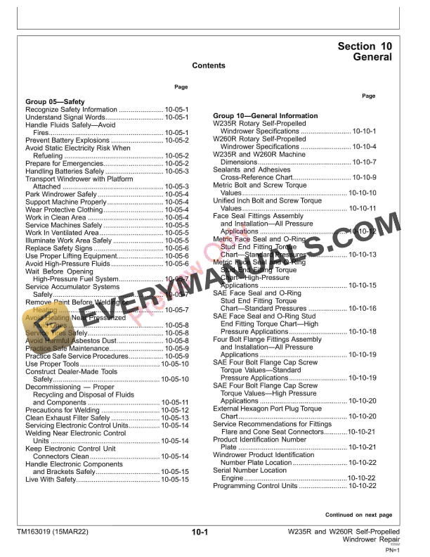 John Deere W235R and W260R Self Propelled Windrower Technical Manual TM163019 15MAR22 5