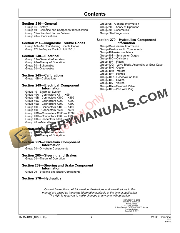 John Deere W330 Combine Diagnostic Technical Manual TM152019 13APR18 3