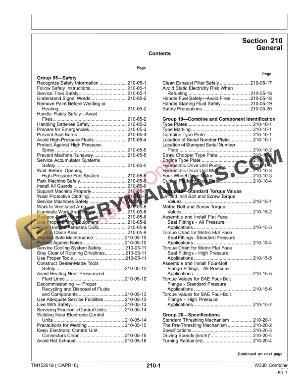 John Deere W330 Combine Diagnostic Technical Manual TM152019 13APR18 5