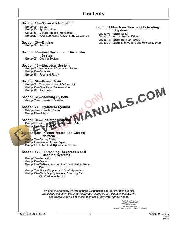 John Deere W330 Combine Repair Technical Manual TM151919 08MAR18 3