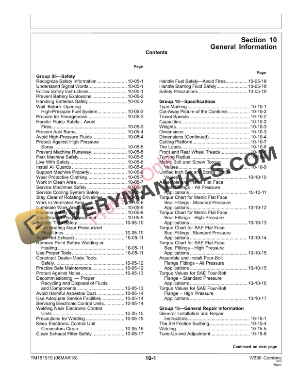 John Deere W330 Combine Repair Technical Manual TM151919 08MAR18 5
