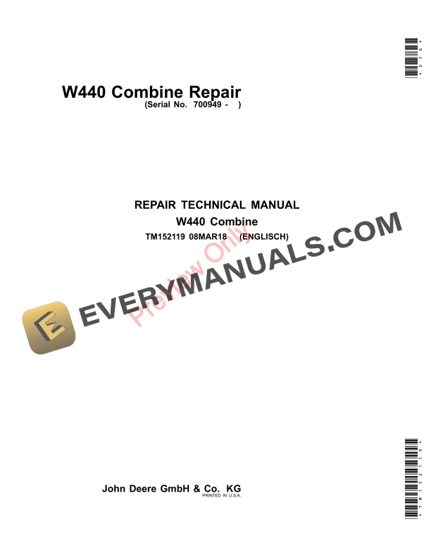 John Deere W440 Combine Repair Technical Manual TM152119 08MAR18-1