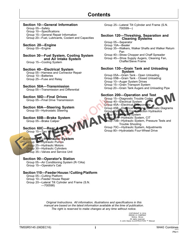 John Deere W440 Combines Technical Manual TM5SR5145 21JUL17 3