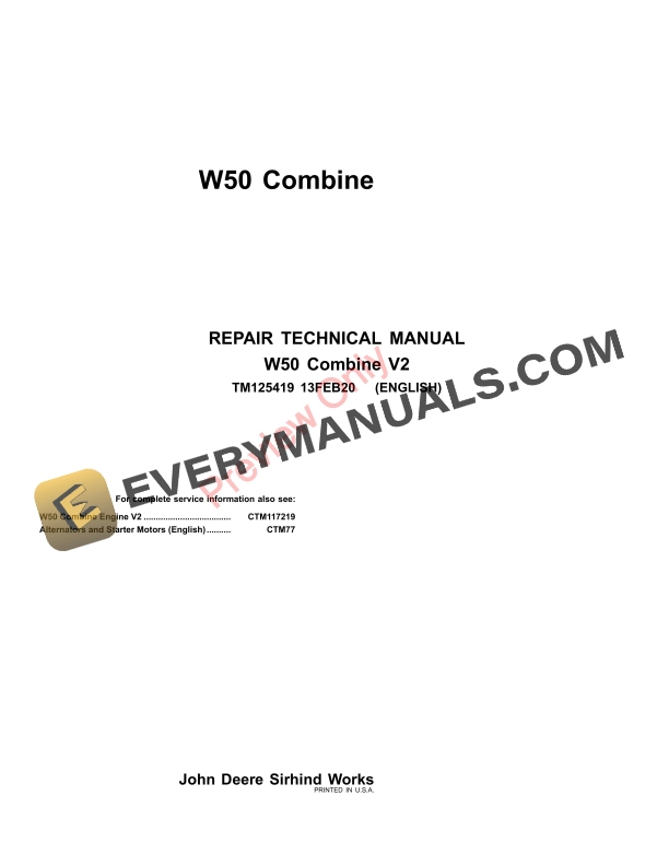 John Deere W50 Combine V2 Technical Manual TM125419 13FEB20-1