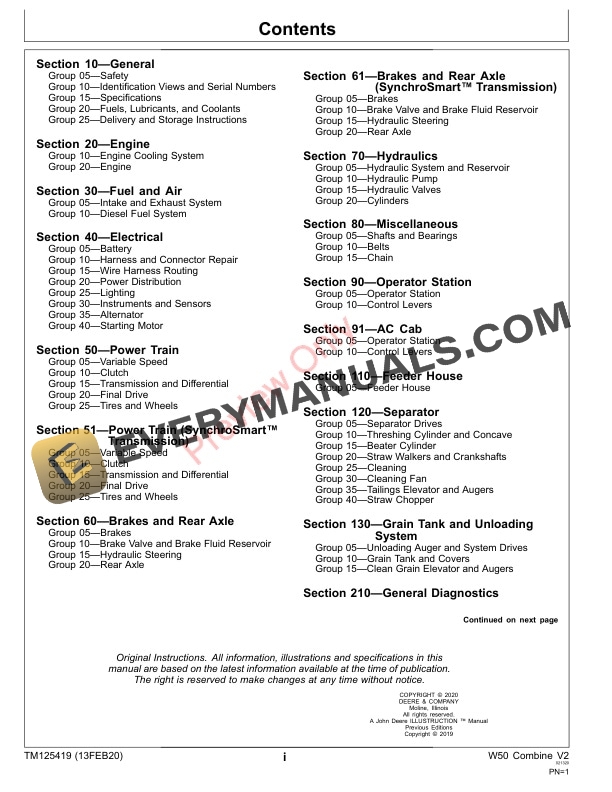 John Deere W50 Combine V2 Technical Manual TM125419 13FEB20 3