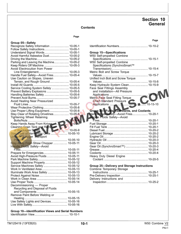 John Deere W50 Combine V2 Technical Manual TM125419 13FEB20 5