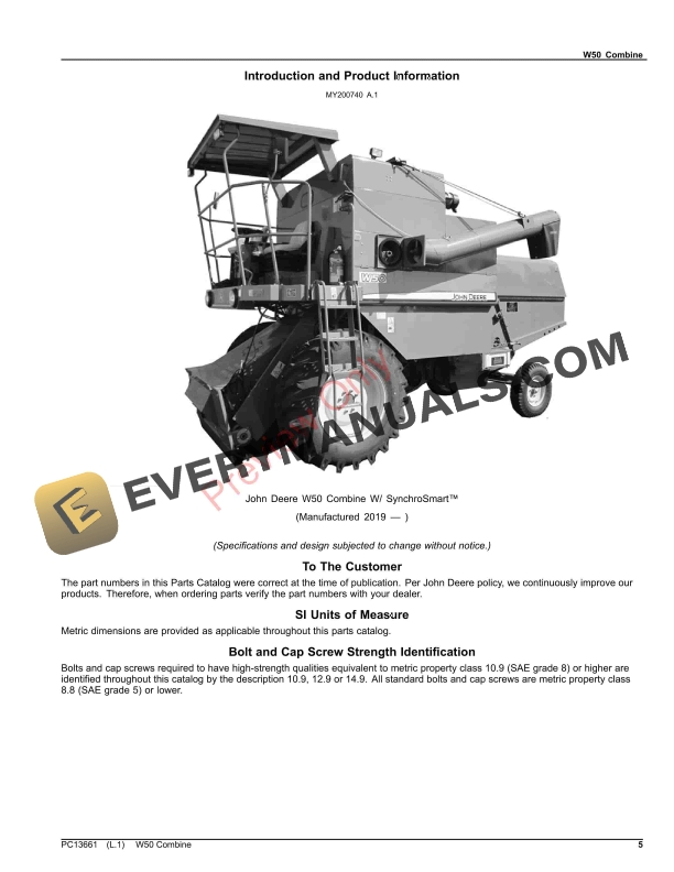 John Deere W50 Combine W SynchroSmart, W Open Operator Station Parts Catalog PC13661 10SEP23 6 John Deere W50 Combine W SynchroSmart, W Open Operator Station Parts Catalog PC13661 10SEP23-5