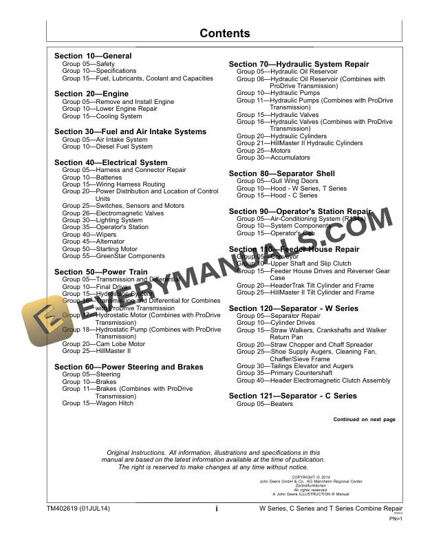 John Deere W540 W550 W560 W660 T550 T560 T660 T670 C670 Combine Technical Manual TM402619 01JUL14 3