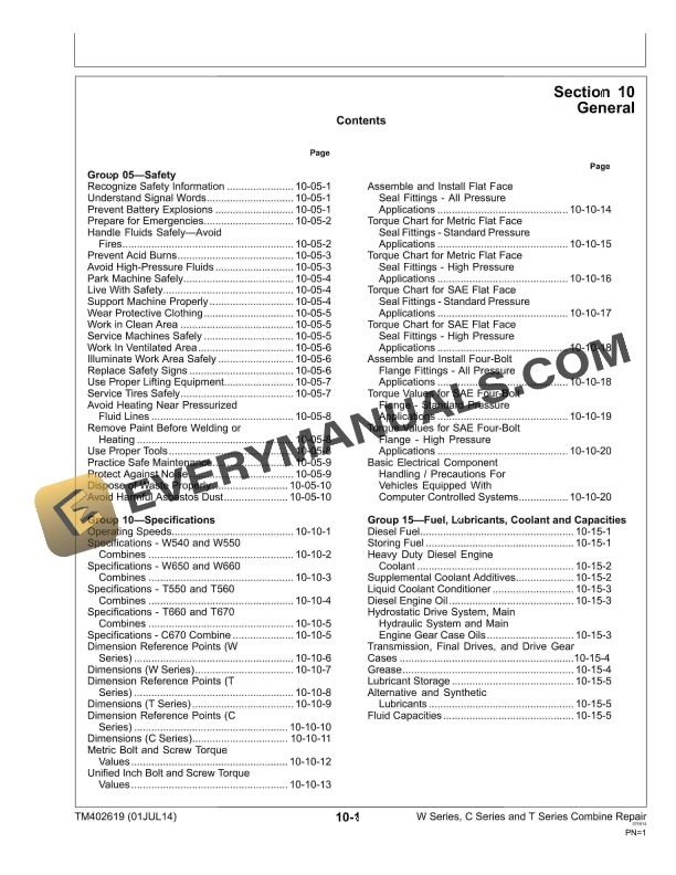 John Deere W540 W550 W560 W660 T550 T560 T660 T670 C670 Combine Technical Manual TM402619 01JUL14 5