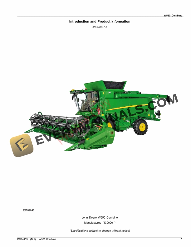John Deere W550 Combine (PIN 1Z0W550XXXX130000-) Parts Catalog PC14409 05NOV23-5
