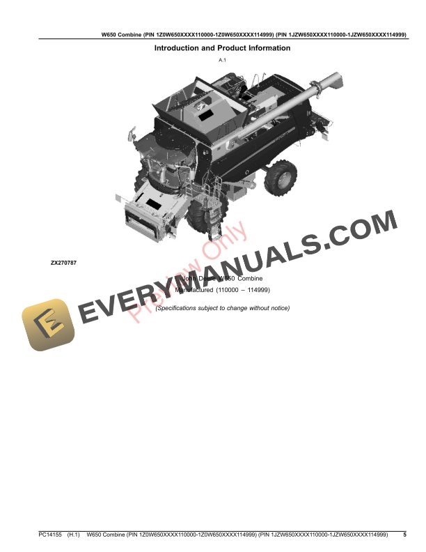 John Deere W650 Combine (PIN 1Z0W650XXXX110000 Parts Catalog PC14155 30NOV23-5