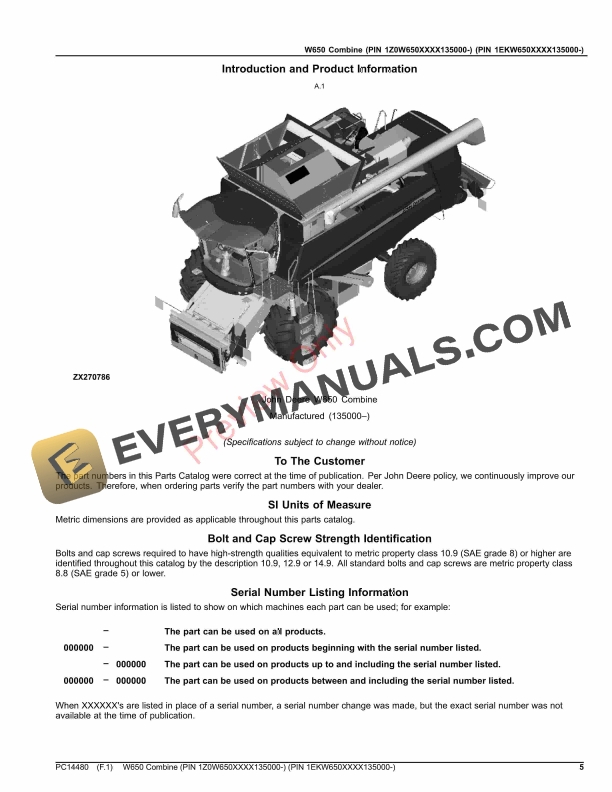 John Deere W650 Combine (PIN 1Z0W650XXXX135000 Parts Catalog PC14480 09NOV23-5