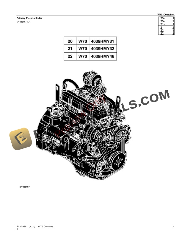 John Deere W70 Combine Parts Catalog PC10986 12APR23 3