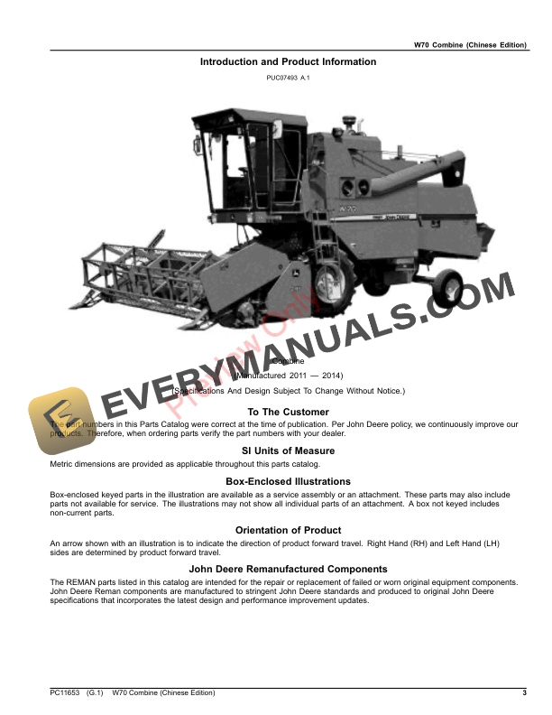 John Deere W70 Combine Parts Catalog PC11653 16JUL23 3