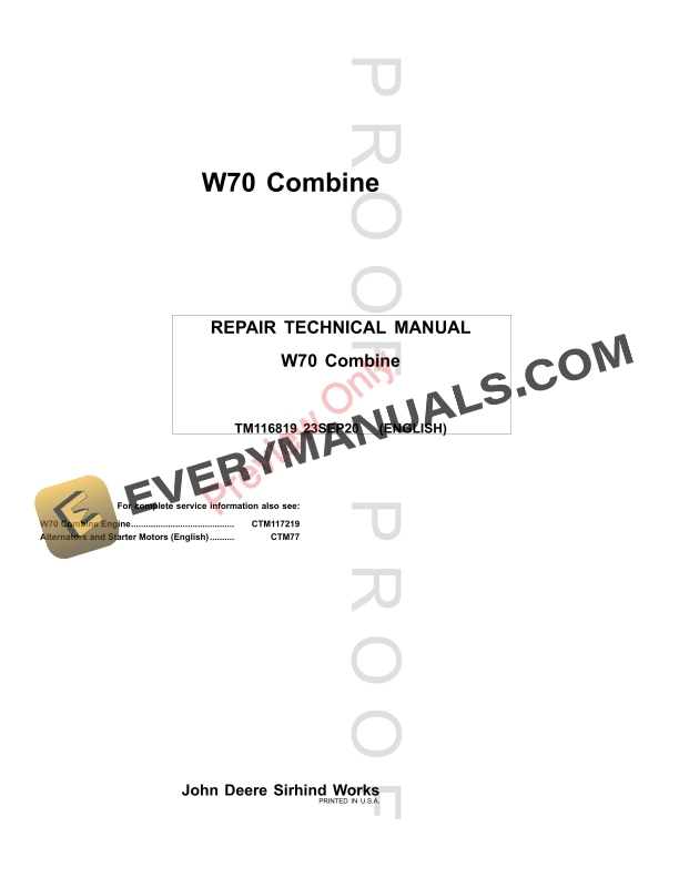 John Deere W70 Combine Repair Technical Manual TM116819 23SEP20-1
