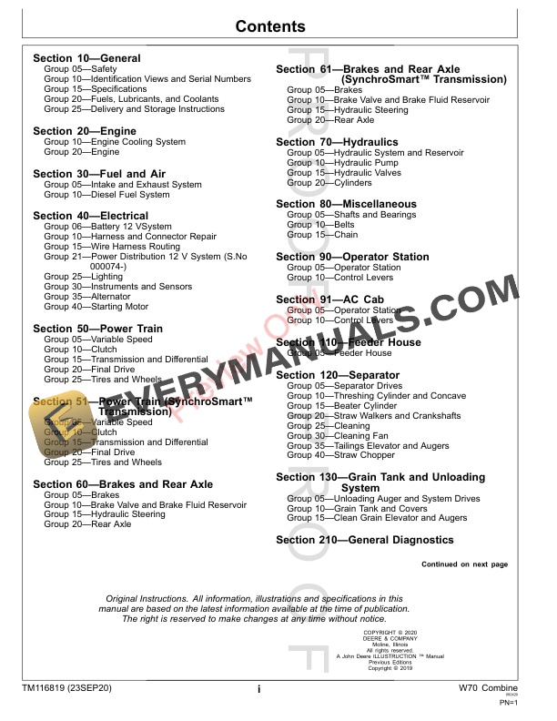 John Deere W70 Combine Repair Technical Manual TM116819 23SEP20 3