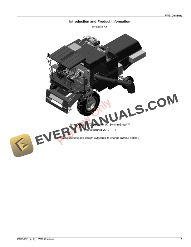 John Deere W70 Combine W SynchroSmart, W Open Operator Station and AC Cab Parts Catalog PC13662 10SEP23-5