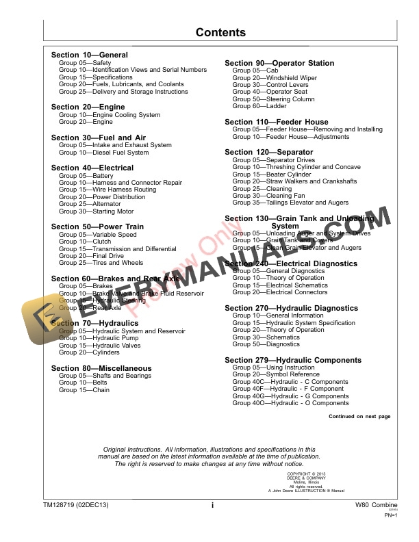 John Deere W80 Combine 010000 Technical Manual TM128719 23DEC14 3