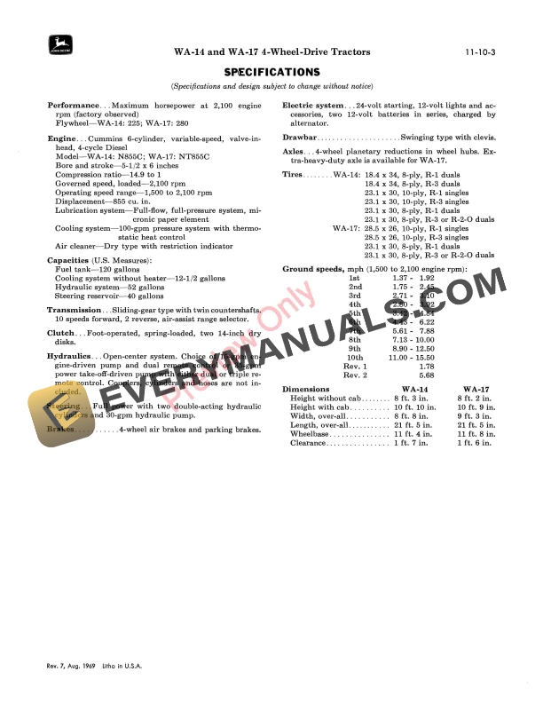 John Deere WA 14 WA 17 Four Wheel Drive Tractors Parts Catalog PC1144 01AUG69 5