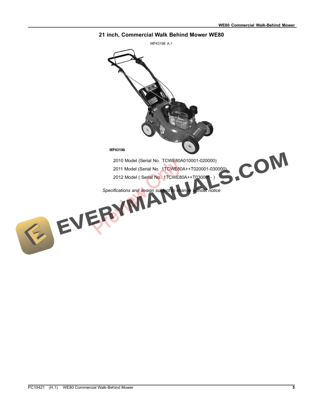 John Deere WE80 COMMERCIAL WALK BEHIND MOWER Parts Catalog PC10421 24SEP21 5