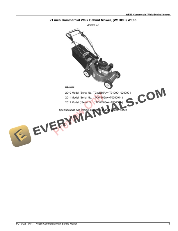 John Deere WE85 COMMERCIAL WALK BEHIND MOWER Parts Catalog PC10422 24SEP21 5