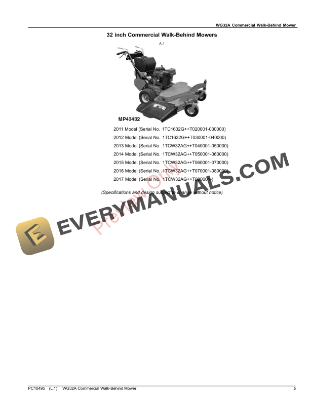 John Deere WG32A Commercial Walk Behind Mower Parts Catalog PC10495 30NOV23 5